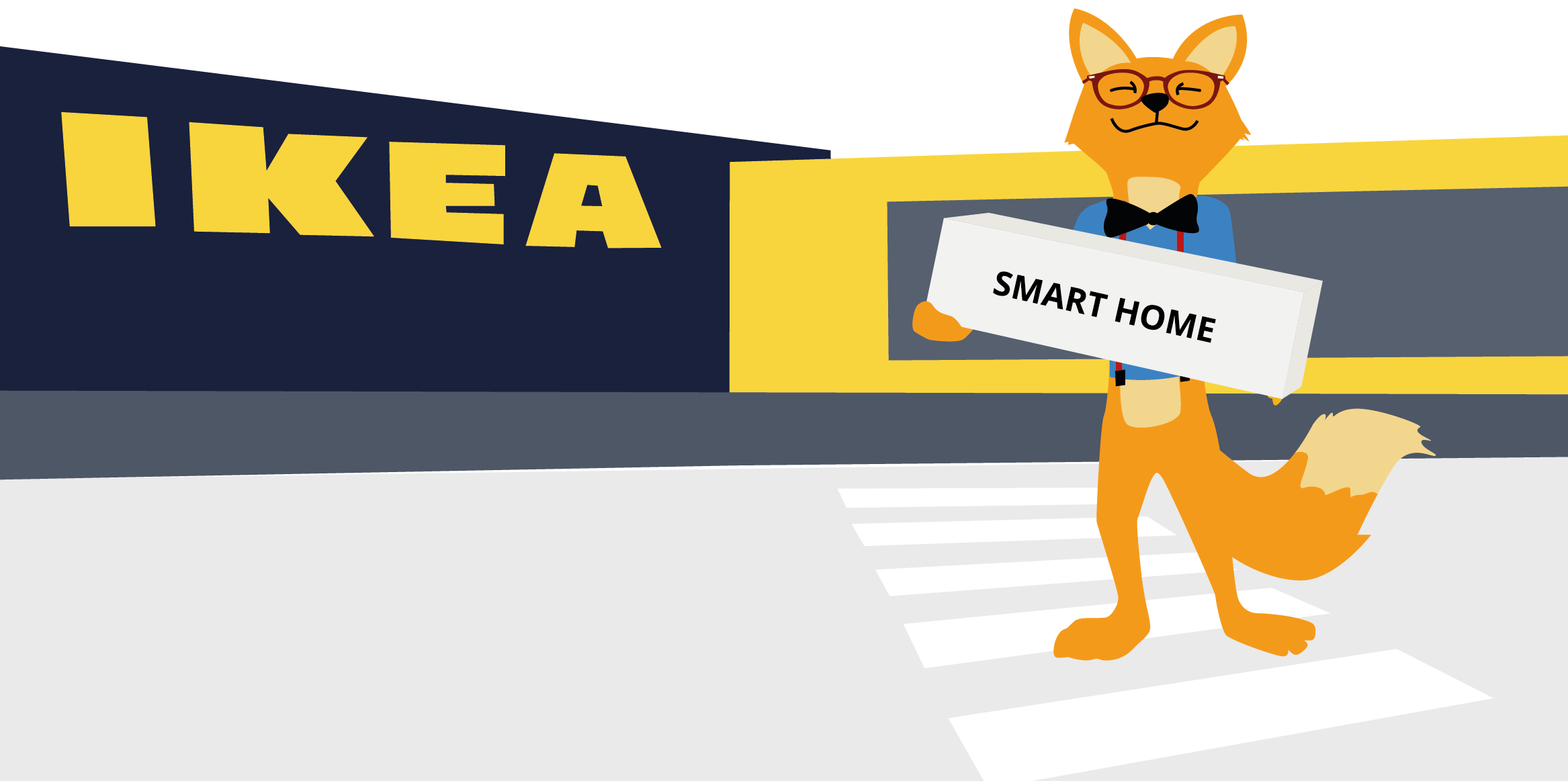 Man sieht eine Ikea Filiale mit dem Ikea-Logo im Hintergrund und der smarte Fuchst steht davor mit einem Päckchen in der Hand.